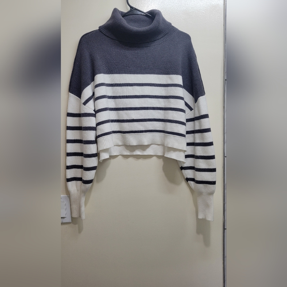 Merokeety Striped Crop Top Turtleneck Sweater - Black and White
